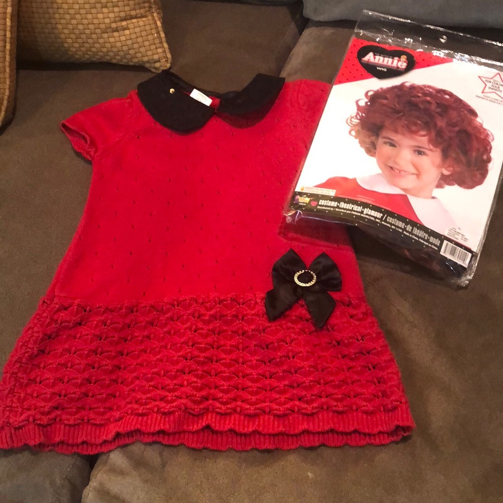 Red sweater dress for Orphan Annie costume and wig